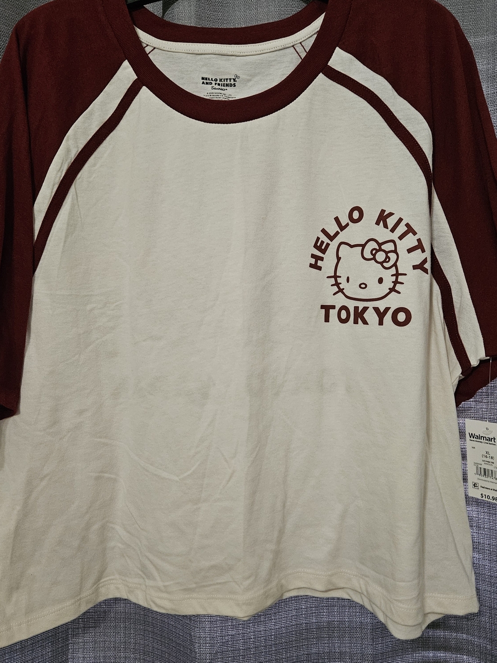 Sanrio Hello Kitty Tokyo Raglan Tee in Cream and Burgundy